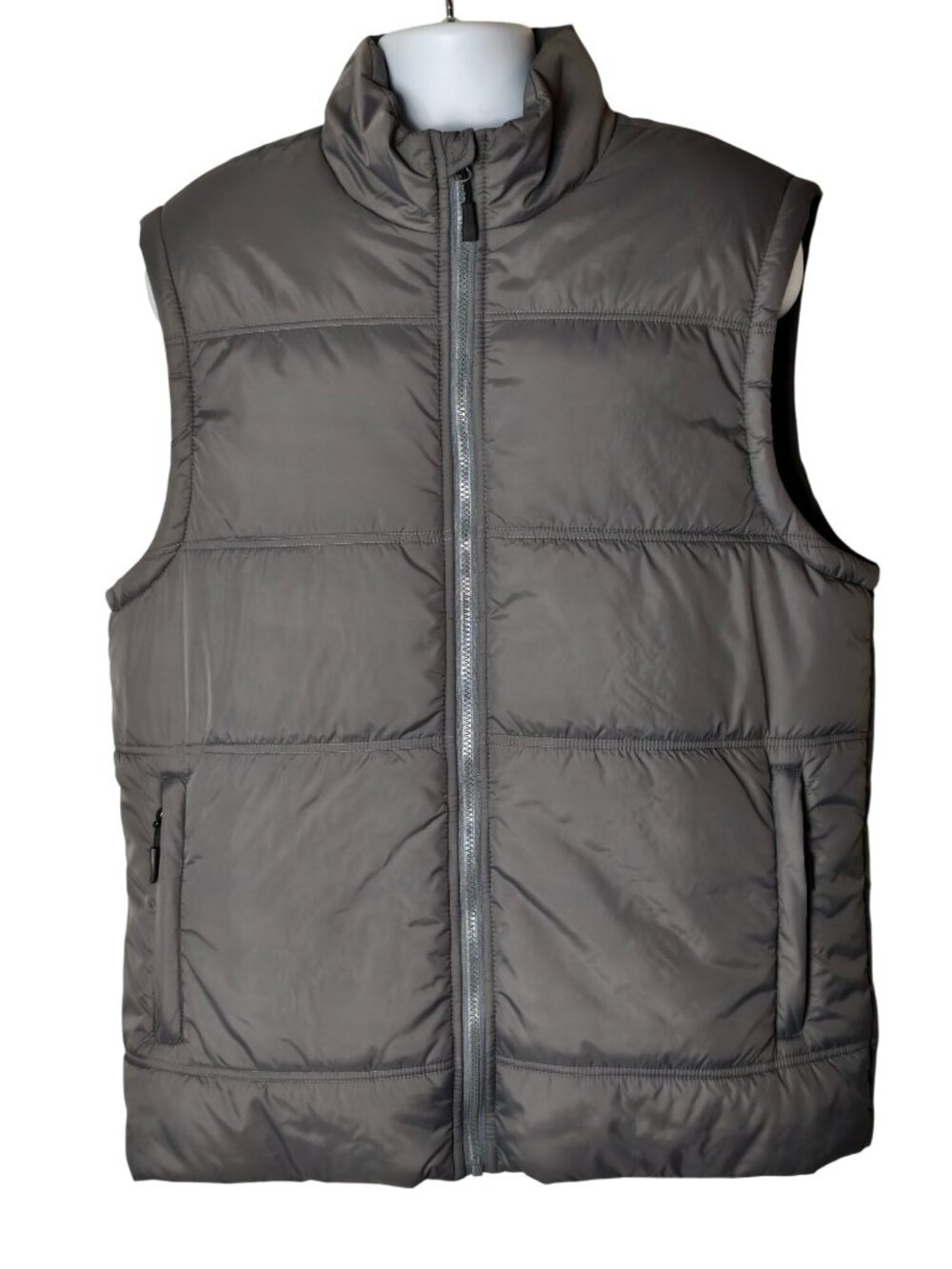 Mens XL Puffer Vest Gray High Collar Zip Pockets Lightweight Outerwear